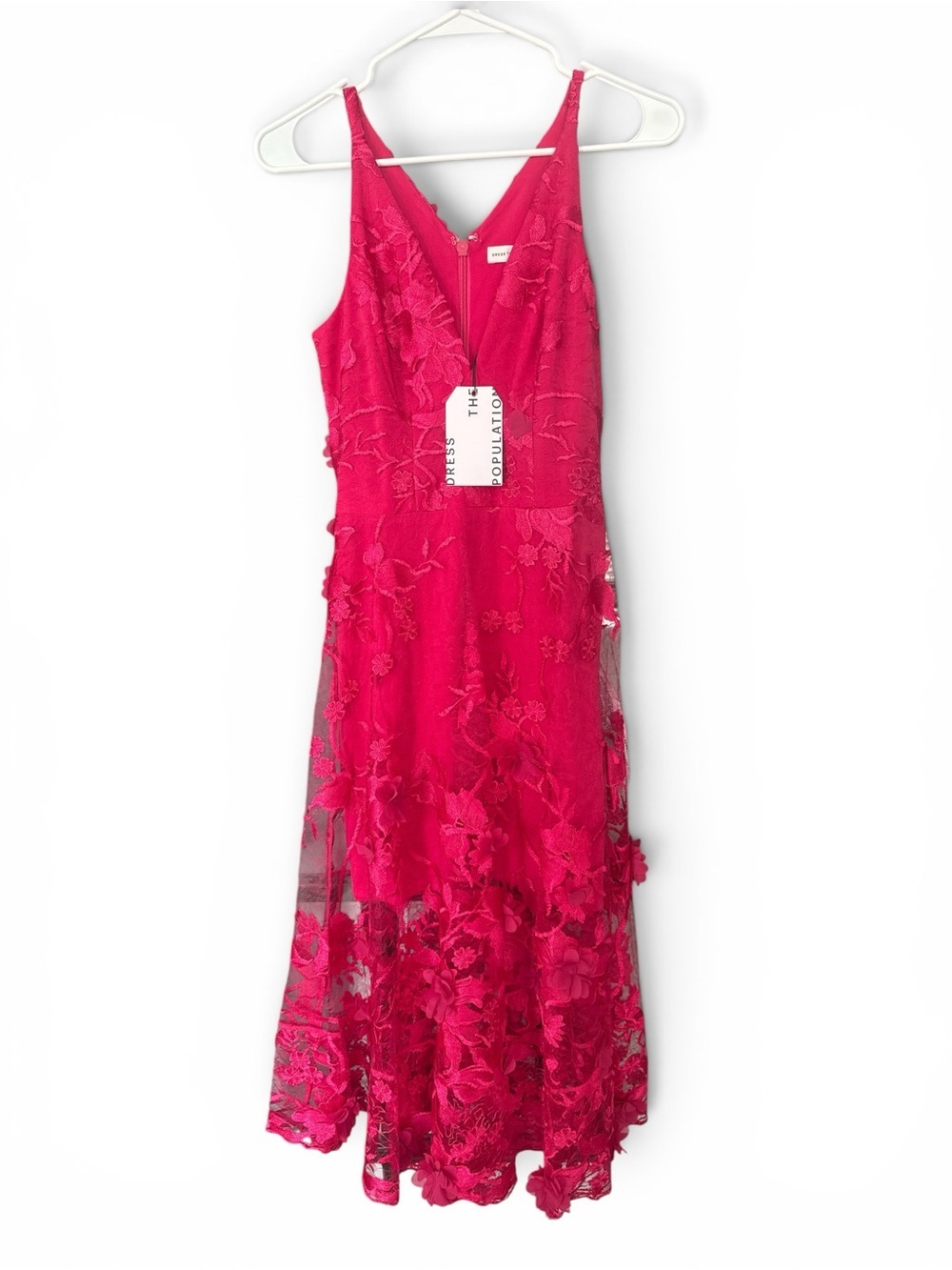 NWT - Dress the Population Fuchsia Floral V-Neck Lace Overlay Midi Dress - Picture 4 of 7